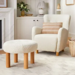 Kessler Round Tufted Faux Shearling Ottoman With Wood Legs Cream - Threshold™ Designed With Studio McGee -Threshold GUEST 04b65af8 a754 447b a4dd 3ee4c3c36a15