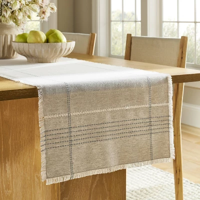 20"x90" Natural Leno Weave Table Runner With Blue Accent - Threshold™ Designed With Studio McGee: Cotton Linen, Plaid, Spring 3 20"x90" Natural Leno Weave Table Runner With Blue Accent - Threshold™ Designed With Studio McGee: Cotton Linen, Plaid, Spring