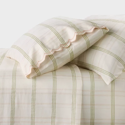 300 Thread Count Scalloped Edge Plaid Sheet Set Cream/Green- Threshold™ Designed With Studio McGee 6 300 Thread Count Scalloped Edge Plaid Sheet Set Cream/Green- Threshold™ Designed With Studio McGee - Image 4