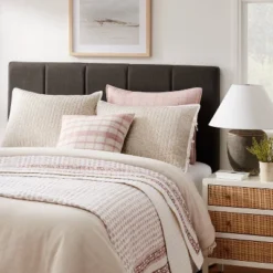 Standard Decorative Border Cotton Slub Quilt Sham Neutral Floral - Threshold™ Designed With Studio McGee: OEKO-TEX Certified, Tie Closure